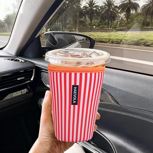 Image of Reusable Insulated Neoprene Iced Coffee Cup Sleeve, Durable Drink Sleeve for Cold Beverages, Beverage Holder for Iced Coffee (Red Stripes)