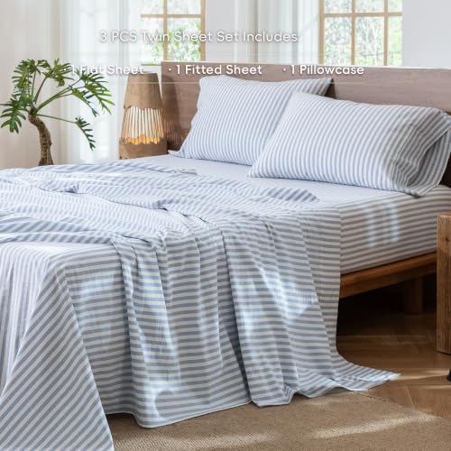 Image of MooMee Striped Sheet Set 100% Washed Cotton Linen Like Twin
