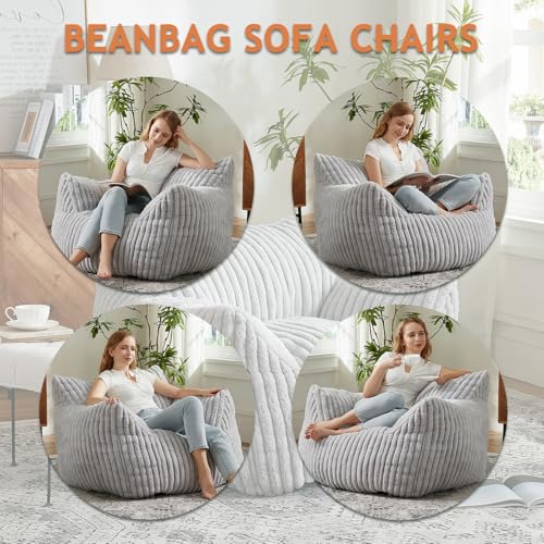Image of Giant Bean Bag Chairs for Adults Teens with Filling Large Fluffy Bean Bag Chair with Armrests Plush Comfy BeanBag Couch Sofa Chair for Bedroom Living Room Reading