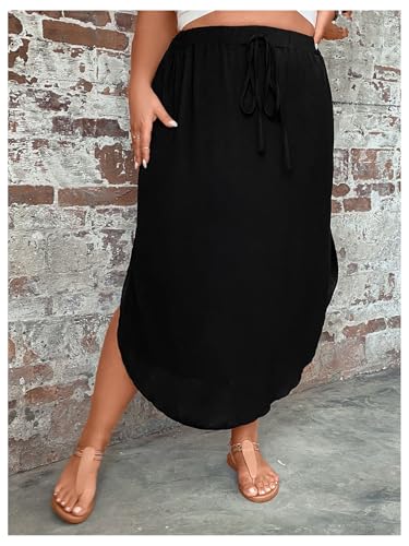 OYOANGLE Women's Plus Size Drawstring High Waisted Side Split Skirt Summer Casual Skirts4
