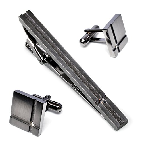 [タバラット] ネクタイピン カフス セット 日本製 スワロフスキー メンズ (ブラックシルバー-クリスタル)