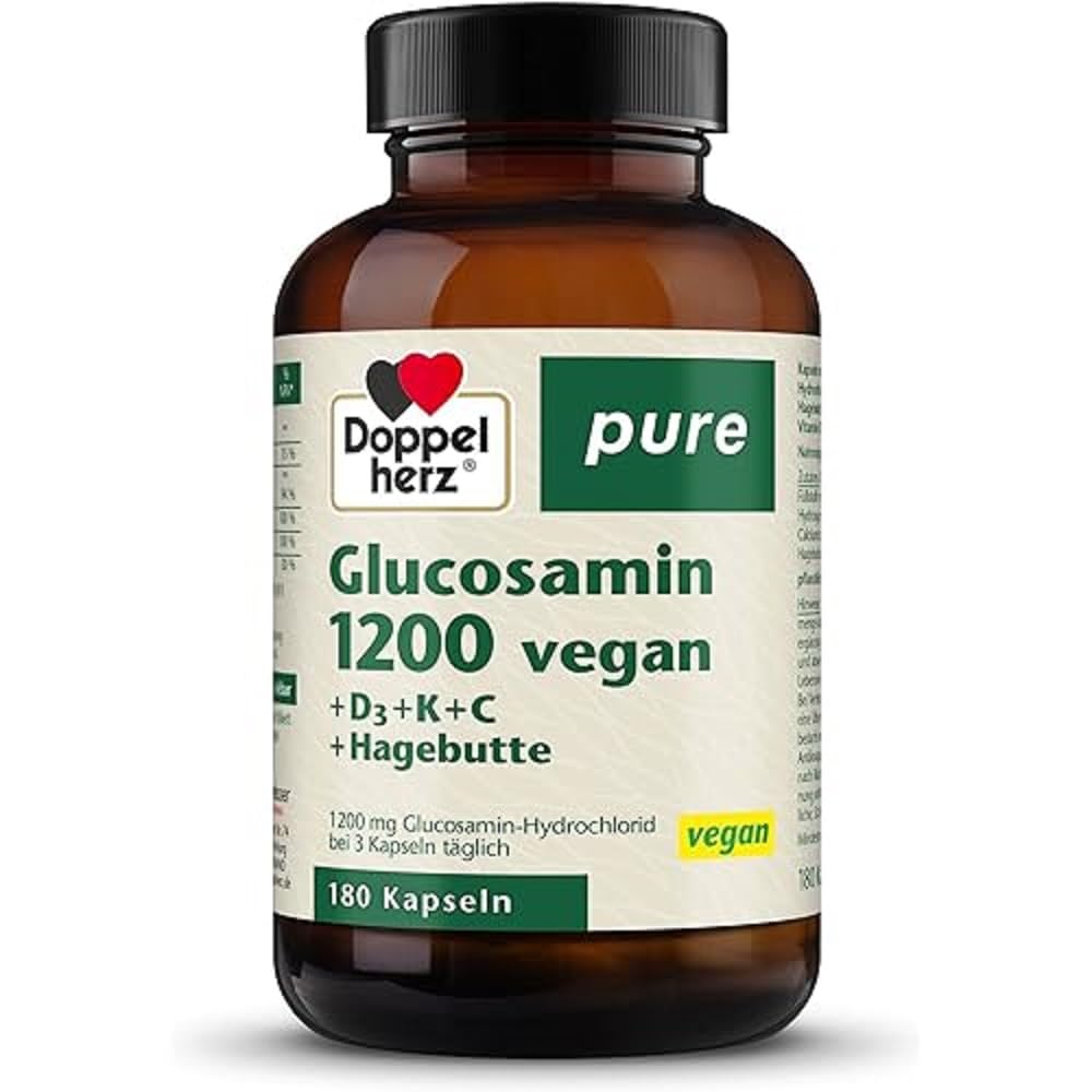 Doppelherz pure Glucosamin 1200 vegan - plus Hagebuttenextrakt, Vitamin D3 und K2, Kupfer und Calcium - 180 gelatinefreie Kapseln