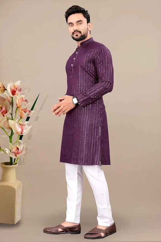 Image of FASHION GALLERY Men's Solid Pattern Polycotton Kurta with Long Sleeve Round Neck Knee Length and Pull On Closure Type|Men Kurta Pajama Set