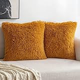 MIULEE Pack of 2 Fall Luxury Faux Fur Throw Pillow Covers Deluxe Decorative Plush Pillow Case Cushion Cover Shell for Sofa Bedroom Car 18x18 Inch Mustard Yellow