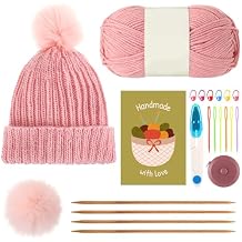 GliCraft Knitting Kits for Beginners Adults Hat Knit Kit with Yarn, Knitting Needles, Faux Pom, Scissors, Measuring Tape Practical and Easy to Use Complete Beginners for Women Men PresentDark Pink