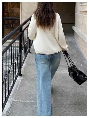 Image of BEAUDRM Women's Bow Graphic Knitted Sweater Crew Neck Long Sleeve Colorblock Pullover Knitwear Beige Large