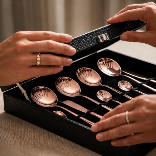 Image of 24-Piece Rose Gold Stainless Steel Cutlery Set with Premium Storage Textured Plastic Box | Mirror Finish Flatware for 6 | Dinner Spoons, Forks, Knives & Teaspoons | Luxury Gift Set