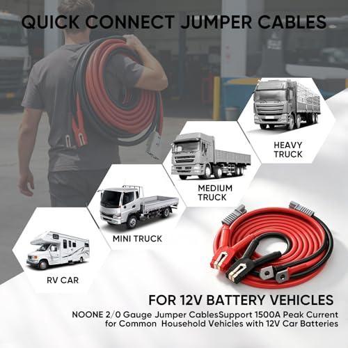 Image of NOONE Booster Jumper Cables Heavy Duty 2 /0 Gauge 30 FT 1500 AMP with Quick Connect Plugs for Truck SUV Car with up to 8-Liter Gasoline