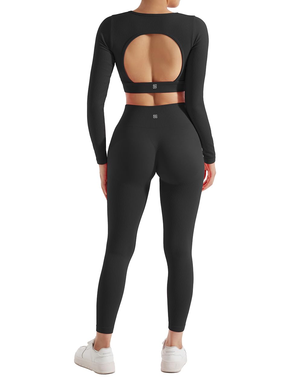 SUUKSESS 2 Piece Workout Sets for Women Long Sleeve Gym Sets Woman Butt Lifting Leggings Open Back Crop Tops: #2 Black X-Small