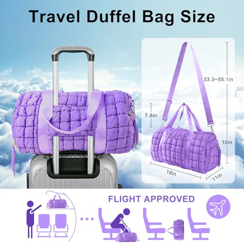 Quilted Travel Duffle Bag Gym Bag&Quilted Backpack Purse for Women,Large Puffer Duffle Weekender Bag Lightweight Puffer Puffy College Laptop Backpack with Compartment for Travel Gym Airplane(Purple)2