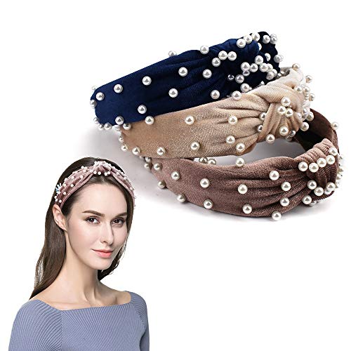 3 Pcs Pearl Headbands for Women, AOPRIE Headbands for Women Fashion Hair Bands for Women's Hair Pearl Headband Knotted Headbands for Women Retro Hairbands for Women (black+brown+beige)
