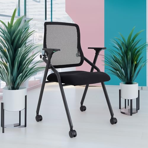 Image of Updated Conference Room Chairs, Folding Office Desk Chair with Lumbar Support and Sliding Armrest with Casters, Stackable Office Guest Chairs & Reception Chairs, 4 Pack Black