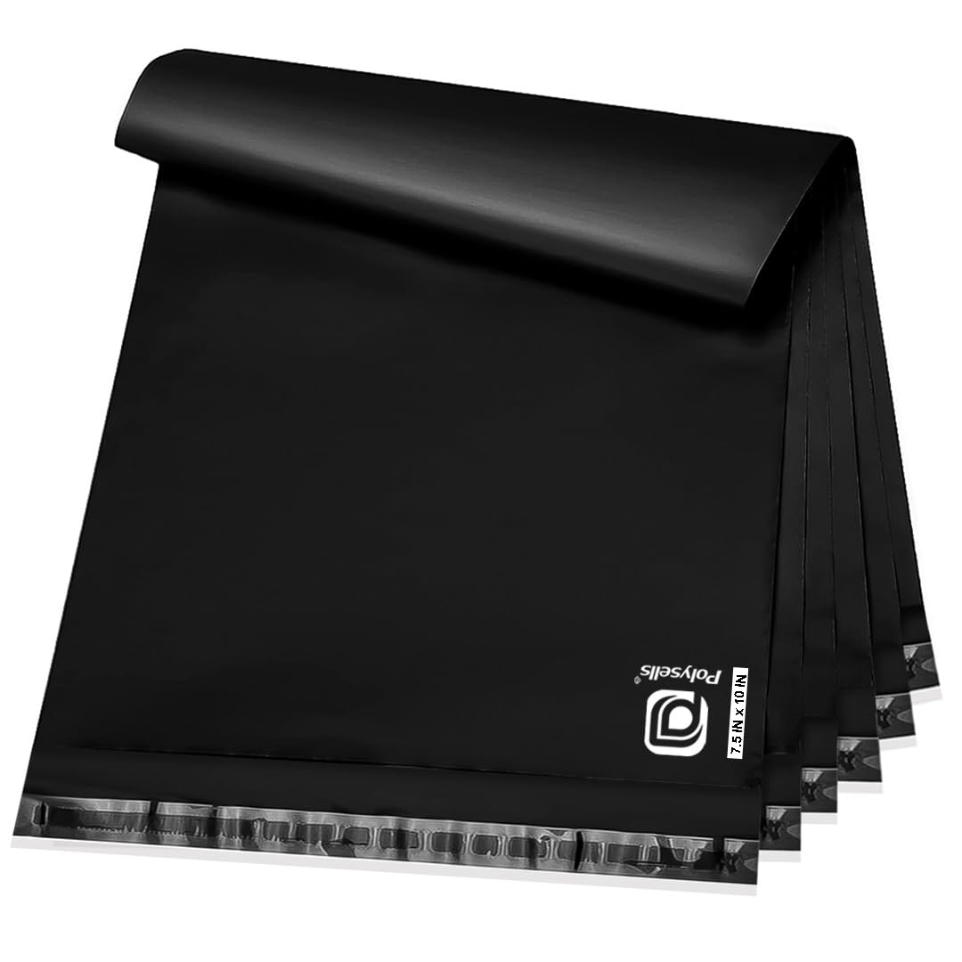 POLYSELLS - Sobres de envío de polietileno, sellado calcomanía fuerte, impermeable y resistente al desgarro para ropa, libros y accesorios (negro, 7.5 x 10.5 pulgadas, 100 unidades)