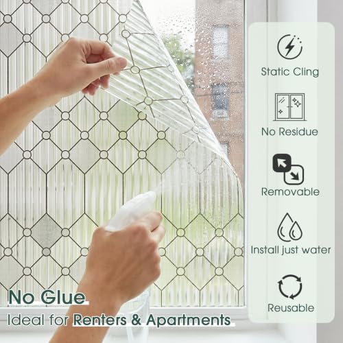 Image of Coavas Reeded Glass Window Privacy Film, 3D Fluted Frosted Static Cling, No Glue Removable, Renter Friendly Day & Night Privacy, UV Blocking Anti-Glare for Bathroom Glass Door 29.5x78.7in, Reeded