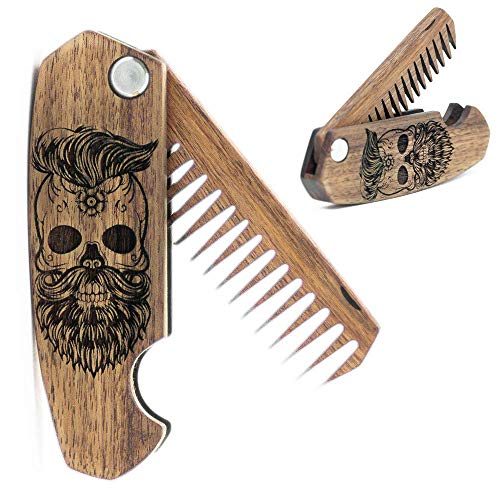 Beard Comb for Men - Pocket Folding Combs for Mustache & Hair. Travel, Natural Wooden Comb with Skull Engraving - Perfect for Use w/Beard Balm, Oil