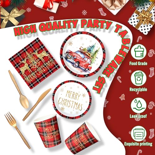 Nitial 240 Pcs Christmas Paper Plates and Napkins Serve 30 Guests Christmas Party Supplies Disposable Xmas Tableware Set Plates Napkins Cups with Knife Fork Spoon(Red,Plaid Style) – Image 4