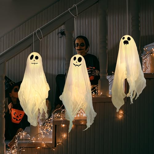 Halloween Deko Geist Mit Warmweißen LED, 3 Stück Halloween Hängende Geister Deko 45cm, Helloween Ghosts, Halloween Geistergesicht Windsack, Halloween Deko Für Hof, Garten, Terrasse, Rasen, Partydekor