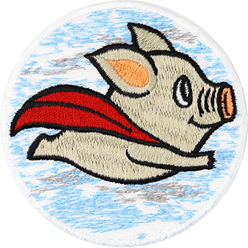 Image of Superhero Piggy Patch Iron-On | Superhero Pig sew On Emblem Flying Pig | Go Veggie Badge Vegan Animal Welfare | Say no to Meat | Fabric Applique| Gift for Kids and Adults - 2.75X2.75 in