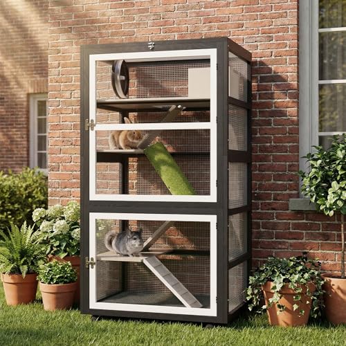 Cakhdry 55H Large Ferret Cage 5-Tiers Small Animal Critter Cage Chinchilla Cage with Easy-Clean Removable Tray Hamster Wheel Tunnel House Ramp & Cover Lockable Wheels for Indoor & Outdoor