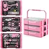 WORKPRO Pink Tool Set with Drill, 43PCS Power Drill Set with Toolbox, 8V Lithium-ion Cordless Drill and Bits, 2.0 Ah Portable Electric Screwdriver Home Tool Set with Stackable Box- Pink Ribbon