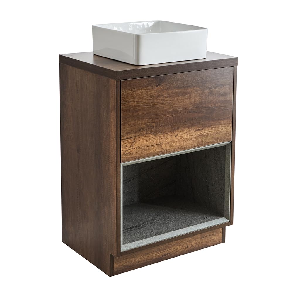 Milano Bexley Dark Oak 600mm Bathroom Vanity Unit Square Countertop Basin Shelf