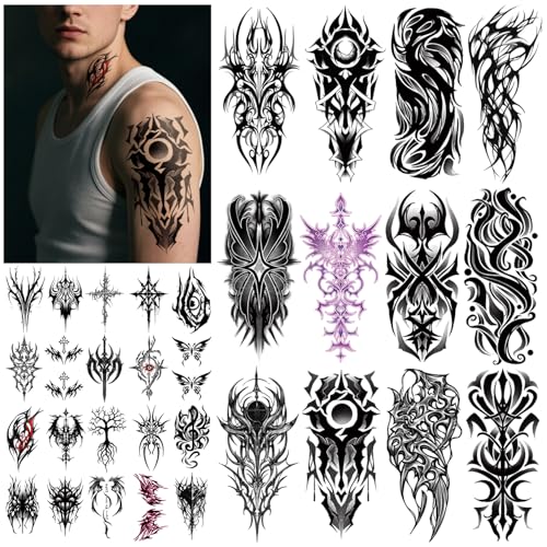 77 Sheets Cyber Sigilism Temporary Tattoos Adult,17 Sheets Tribal Cyber Seal Fake Arm Leg Chest Shoulder Temp Tattoo Stickers, 60 Sheets Tiny Black Tattoos for Women Men Kids