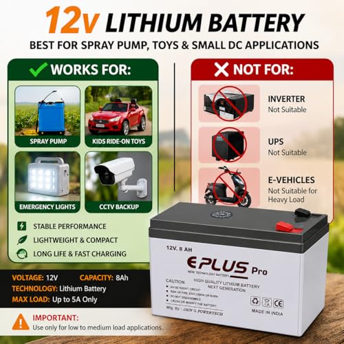 Image of EPLUS PRO 12V8AH Lithium-ION Battery for Agriculture Spray Pump, Solar Street Light, Toys, Emergency Light ETC | Not for UPS or high Load Applications