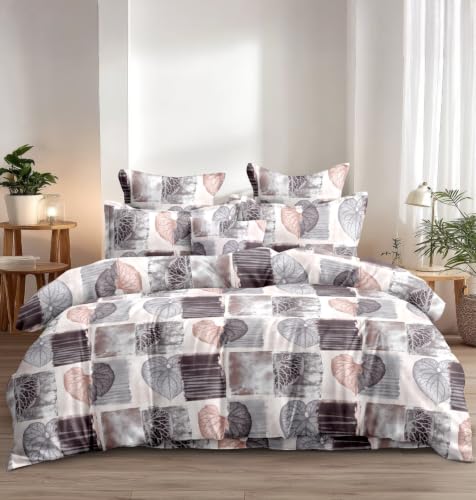 Image of Bedding Set Combo of Double Bed Duvet Cover Set with Fitted Bedsheet & 2 Pillow Covers | 300 TC Cotton Fabric | Zipper Closure |All Round Elastic|Warm Stuff|SED 052|White Grey Patti