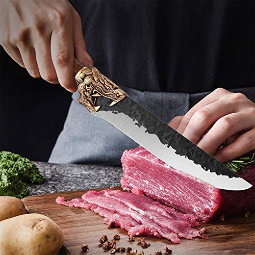 Purple Dragon Meat Cleaver Hand Forged Chef Knives Sharp Boning Knives Butcher Knife With Leather Bag And Gift Box German Steel 7Cr17Mov 7 Inch For Kitchen Outdoor Bbq Camping Tactical #TOP4