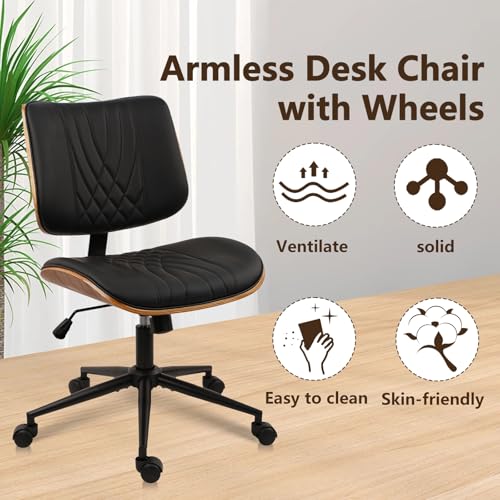 Image of CLATINA Office Desk Chair, Armless Home Chair with Wheels, Adjustable Height Reading Chair, Leather Mid Back & Swivel Computer Chair, Modern Walnut Chairs with Back for Studio Meeting Room(Black)