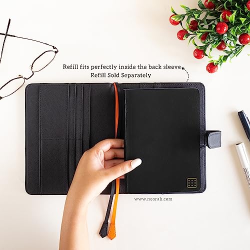 Image of NEORAH - B6 Notebook SLEEVE with SNAP Button - [ SLEEVE ONLY ]|Vegan Leather|Office Diary Holder with Penloop| 2 Front & 1 Back Pocket | 6 Card Slots |2 BookMarks - Fits any B6 Softcover - BLACK