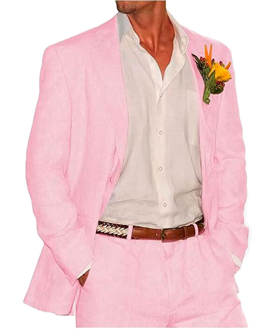 Botong 2 PC Linen Wedding Suits for Men Peak Lapel Prom Suit Regular Fit Groom Tuxedos Summer Beach Suit Casual Wear Pink 38 Chest / 32 Waist