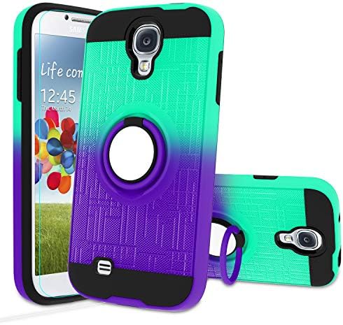 Galaxy S4 Case, Galaxy S4 Phone Case with HD Screen Protector,Atump 360 Degree Rotating Ring Holder Kickstand Bracket Cover Phone Case for Samsung Galaxy S4 Mint/Purple