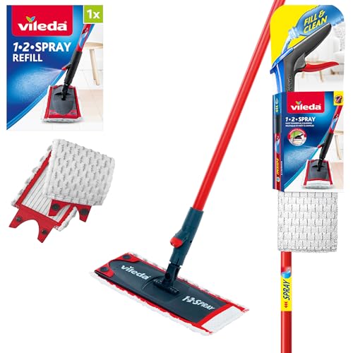 Vileda 1-2 Spray Mop, Microfibre Flat Floor Spray Mop with Extra Head Replacement, Set of 1x Mop and 1x Refill