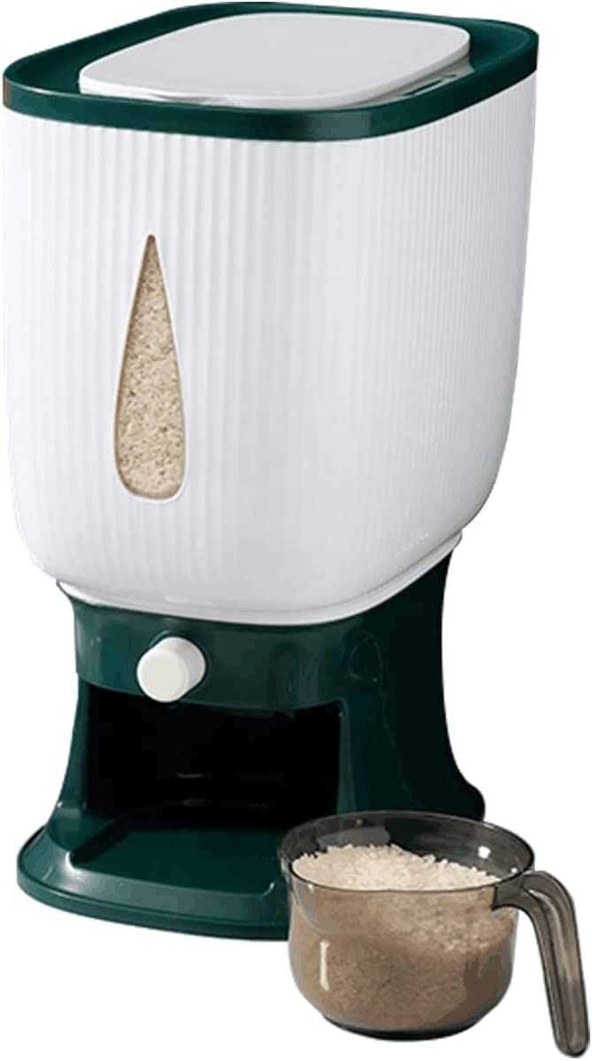 Rice Dispenser 20lbs, Rice Storage Container Large Sealed Grain Container with Lid Measuring Cylinde Moisture Proof Cereal Dispenser(Green)