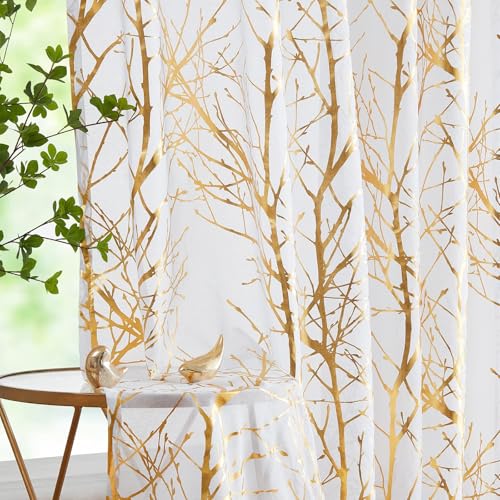 FMFUNCTEX Weiß Gold Voile Vorhänge Transparente Gardinen mit Ösen für...
