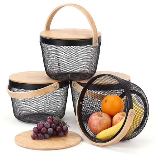 Maxdot 4 Pack Metal Wire Mesh Fruit Basket with Bamboo