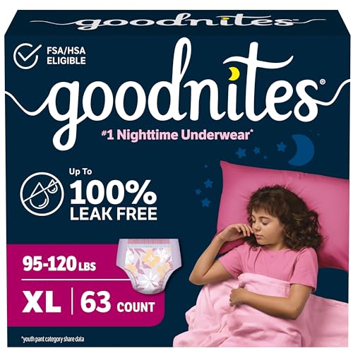 Goodnites Girls Nighttime Bedwetting Underwear Size Extra Large (95-120 lbs) 63 Ct (3 Packs of 21) Packaging May Vary