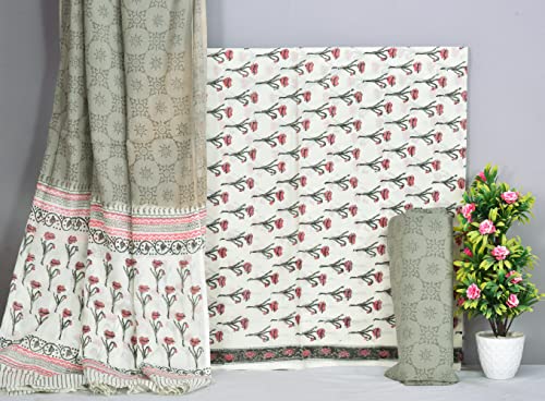 Image of NISHIRE Women's Cotton Jaipuri Hand Block Print Unstitched Suit Material with Cotton Mulmul Dupatta