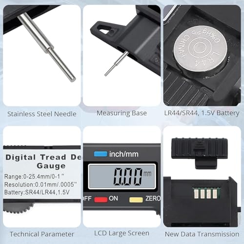 Image of Digital Digital Tyre Tread Depth Gauge 0-25mm LCD Display 0.01mm Accuracy Tyre Wear Measuring Tool mm /Inch Conversion Stainless Steel Probe for Car Bike Truck
