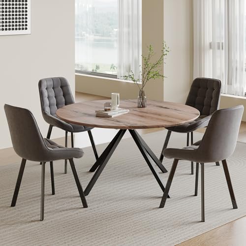 ROCSUMOO Round Dining Table and Chairs Set for 4, 47.3” Farmhouse Kitchen Table, Large Wooden Table with Upholstered Chairs, Gray Flannel Side Chairs, Pedestal Save Space (Light Wood + 4 Chairs)