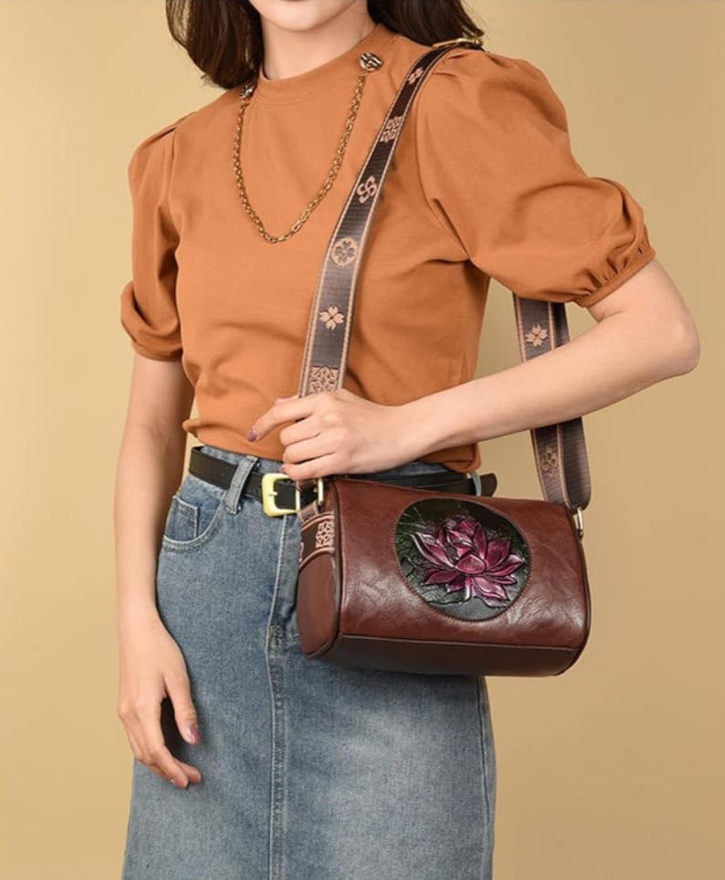 Women Vintage Lotus Crossbody Bag,Ethnic Style Printed Shoulder Bag,Versatile Lotus Floral Purse With Adjustable Strap3