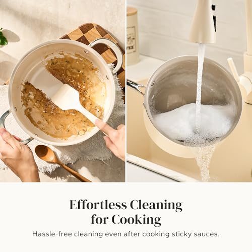 Image of Redchef Stock Pot Set with Lid 5Qt, Ceramic Saucepan Set 2.5 /3.5Qt, Induction Cooking Pot Set, Nonstick Cookware Set For Stoves, Even Heat, Stay-Cool Handle, Oven /Dishwasher Safe, PFAS Free (Beige)