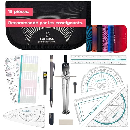CALCUSO Set de géométrie PRO en trousse noire avec compas, règle, rapporteur et équerre –...