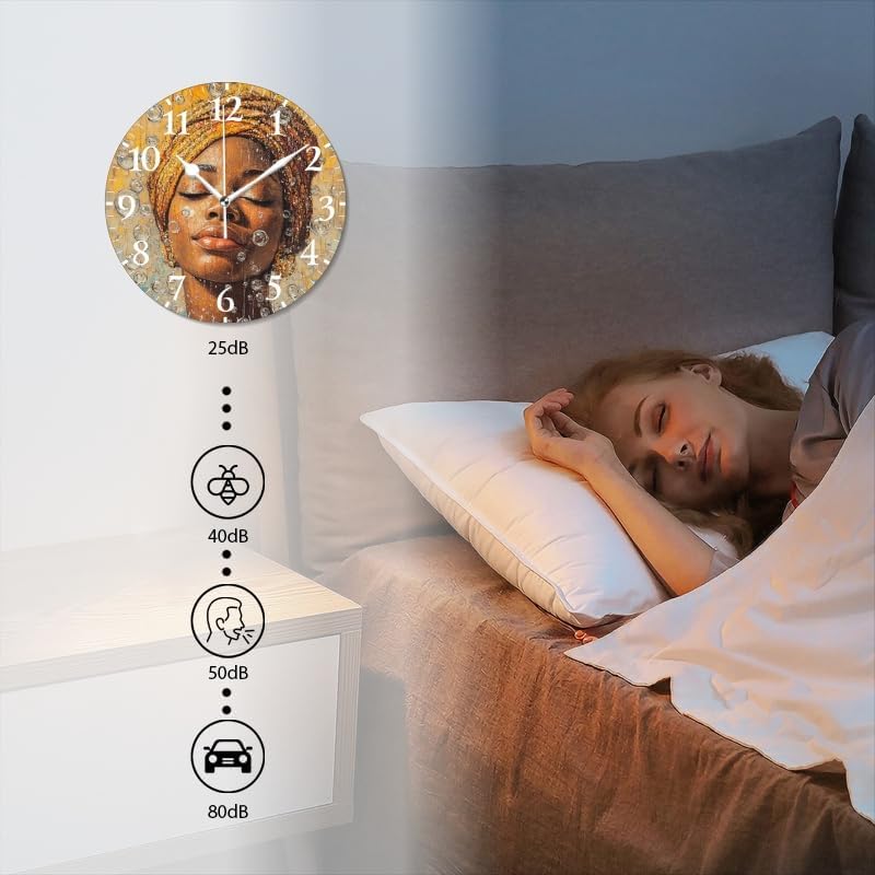 Battery Operated Round Wall Clock Non-Ticking Silent Analog Clcok Decorative for Living Room,Office,Kitchen-African Woman with Bubbles Lovely 1(16inch)