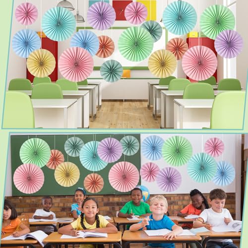 Image of 18 Pcs Pastel Hanging Paper Fans Decor Macaron Birthday Paper Fans Rainbow Ice Cream Garlands Bulletin Board Classroom Decorations for Party Supplies Classroom Decor