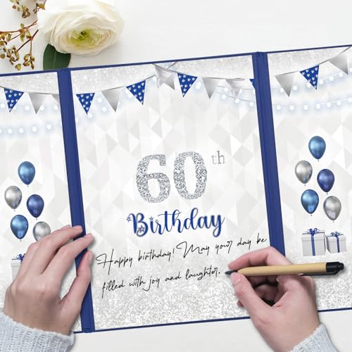Image of Blue 60th Birthday Decorations for Men, Navy Happy 60th Birthday Guest Book, Alternative 60th Signature Guestbook Creative, Cheers to 60 Years Old Gift, 60th Birthday Sign Card Board Party Decor