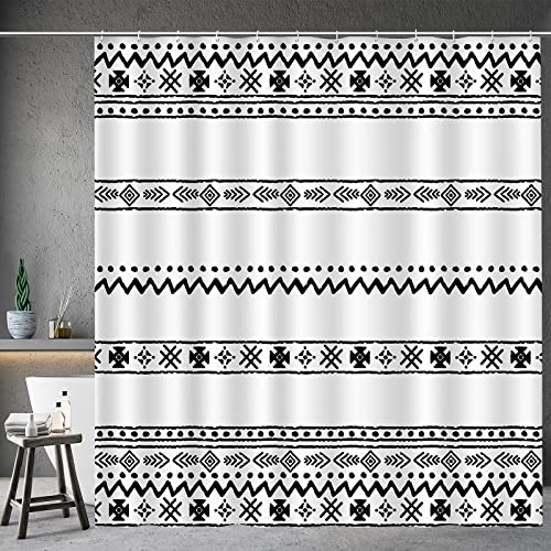 Aimego Boho Shower Curtains Black White Pattern Striped Modern Bohemian Chic Tribal Shower Curtain Set With 12 Hooks For Bathroom Decor Accessories Bathtub Curtain, 72"X72" #TOP7