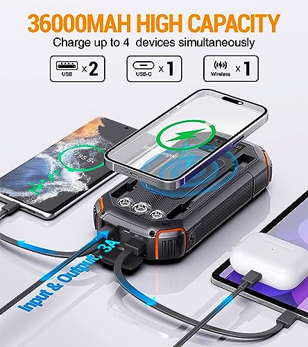 Solar-Power-Bank-36000mAhSolar-Charger-Wireless-Built-in-3-Cables-IPX5-Waterproof-Portable-Solar-External-Battery-Pack-with-3-Input-4-Output-15W-USB-C-Port-Camping-Flashlight-iPhone-Samsung-Tablet