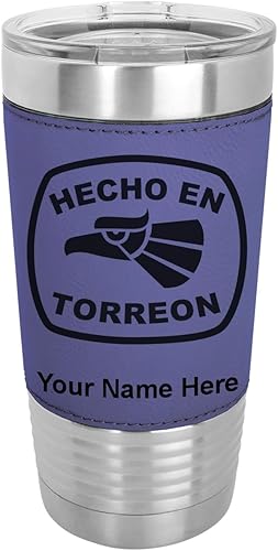 Vista 22 de LaserGram 20oz Vacuum Insulated Tumbler Mug, Hecho en Torreon, Personalized Engraving Included (Faux Leather, Gray)